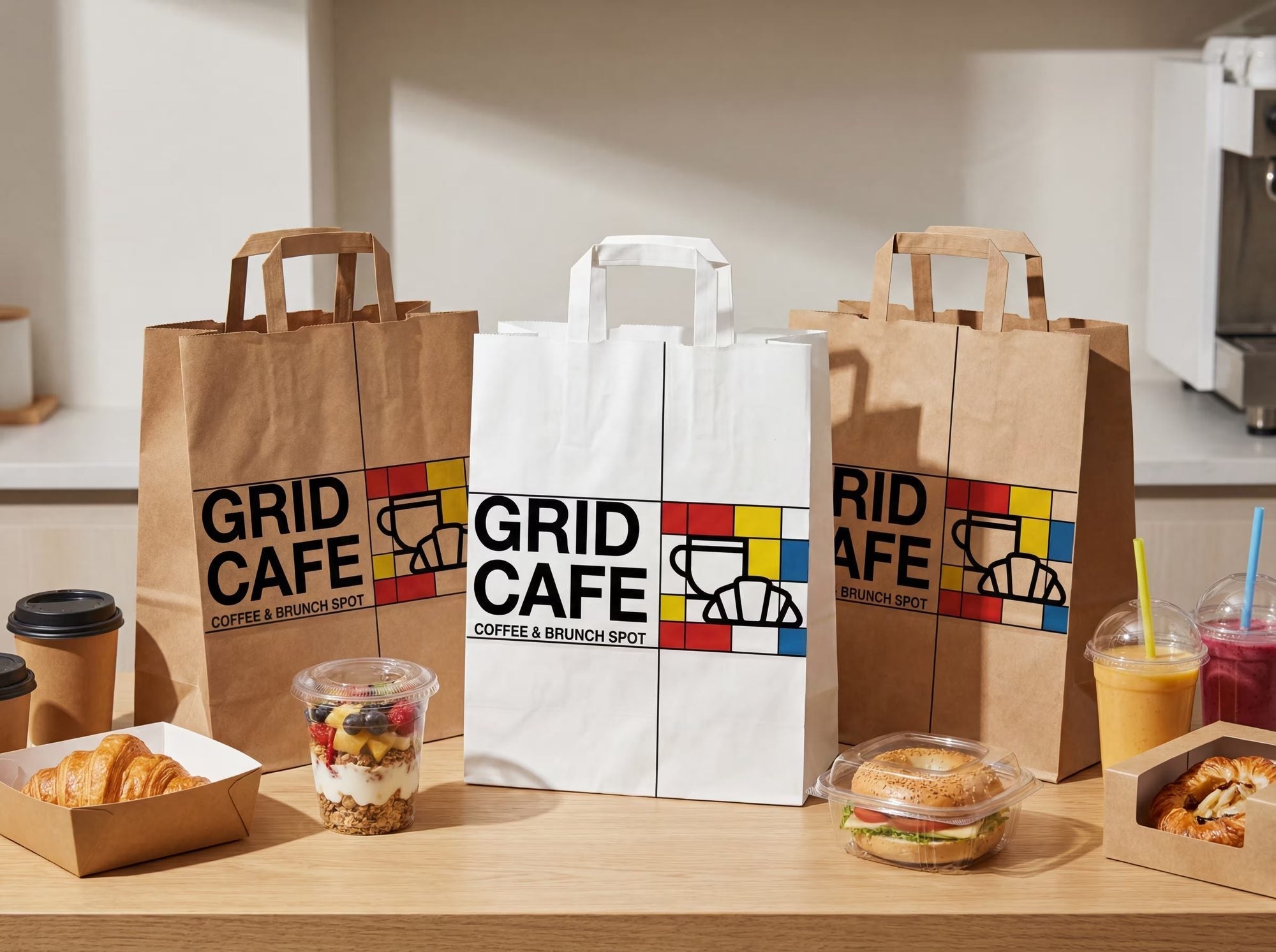 Custom printed kraft bags for Grid Cafe
