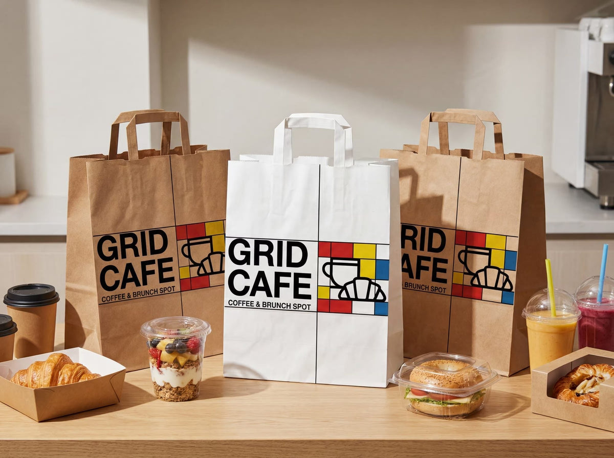 Custom printed kraft bags for Grid Cafe