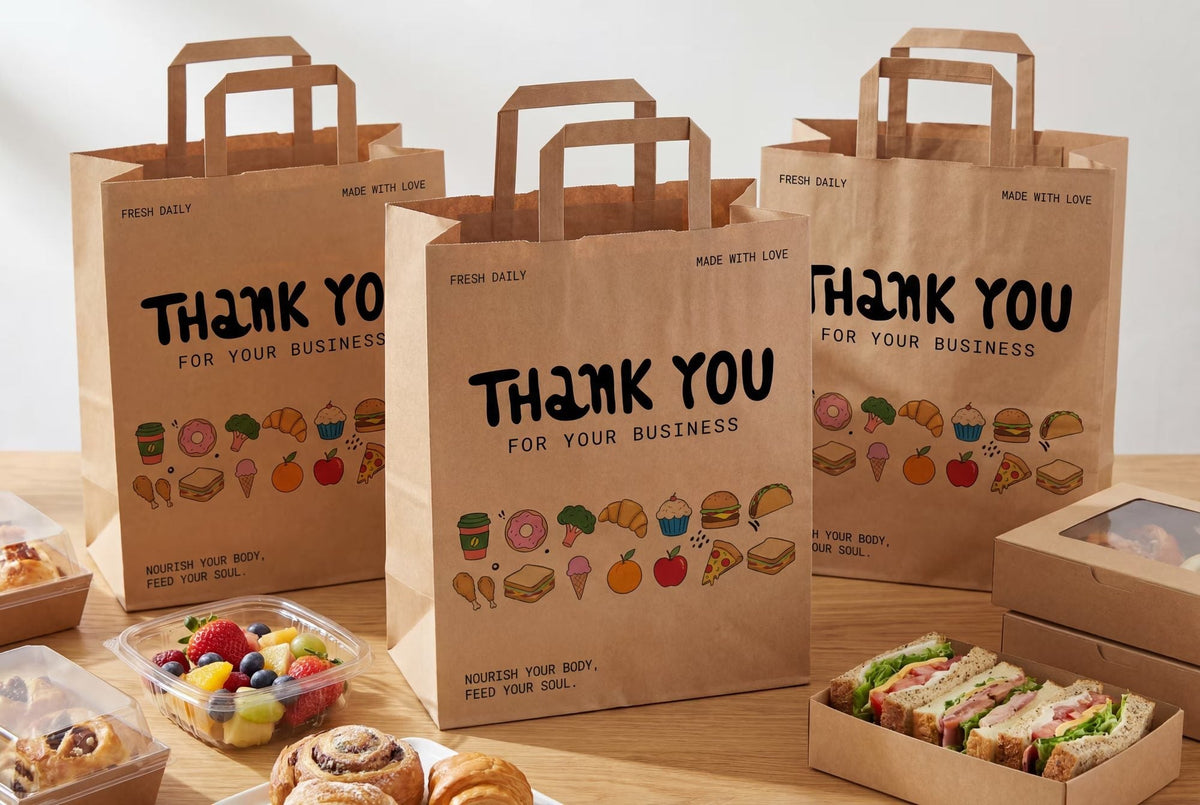 Kraft Thank You bags with takeout on a counter