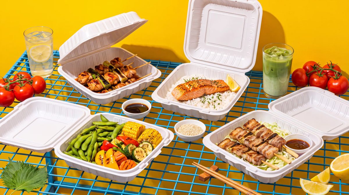 Clamshell with grilled skewers and sides